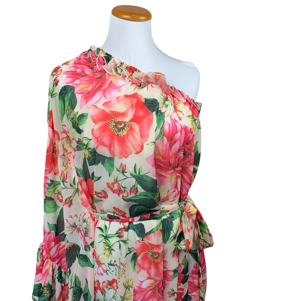 Dalia MacPhee Dress One Shoulder Ruffle Floral Maxi Pink Multi Belted Women's S - Picture 4 of 10